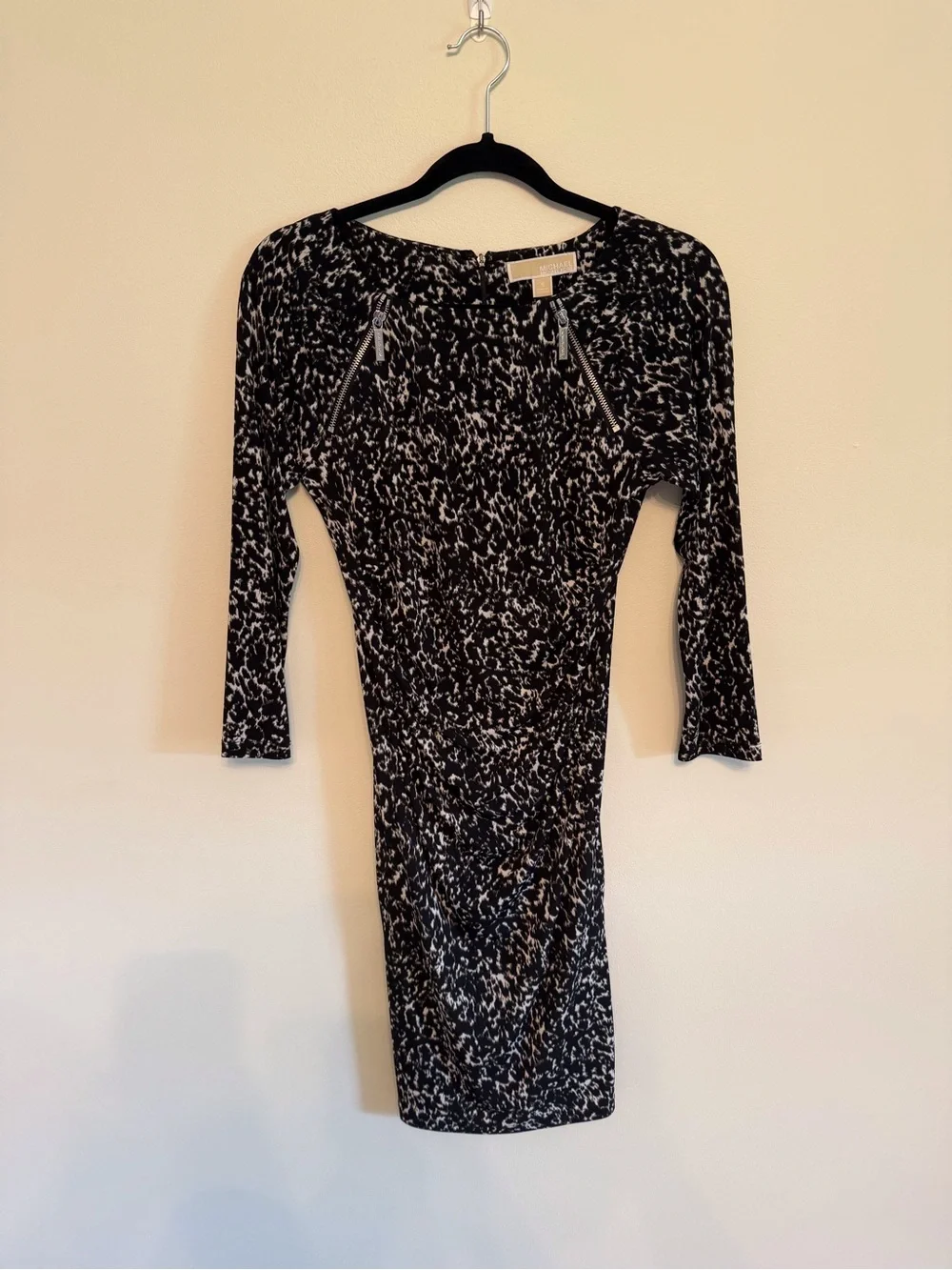 Michael Kors Black and White Printed Sheath Dress with Zip Accents